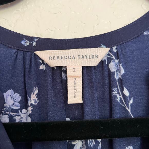 Rebecca Taylor Blue Floral Silk Smocked Waist Ruffle Hem Dress Size 2 - Picture 4 of 11
